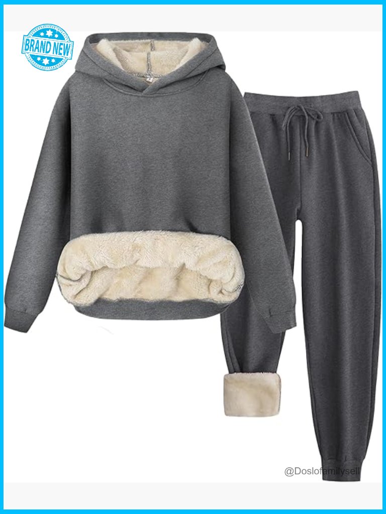 Fleece Lined Lounge Set 2 Piece Tracksuit Sweatpants Pullover Crew Neck